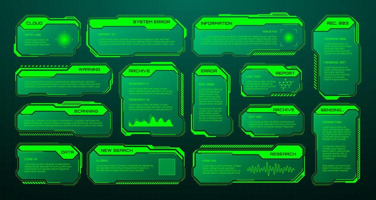 Green futuristic HUD, UI elements. Sci-fi user interface text boxes, callouts. Warning message frames, information boxes template. Modern game interface layout in digital style. illustration