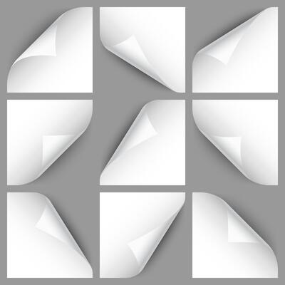 Set of white paper curls. Curled page corner with shadow. Blank sheet of paper. Design element for advertising and promotion. illustration.