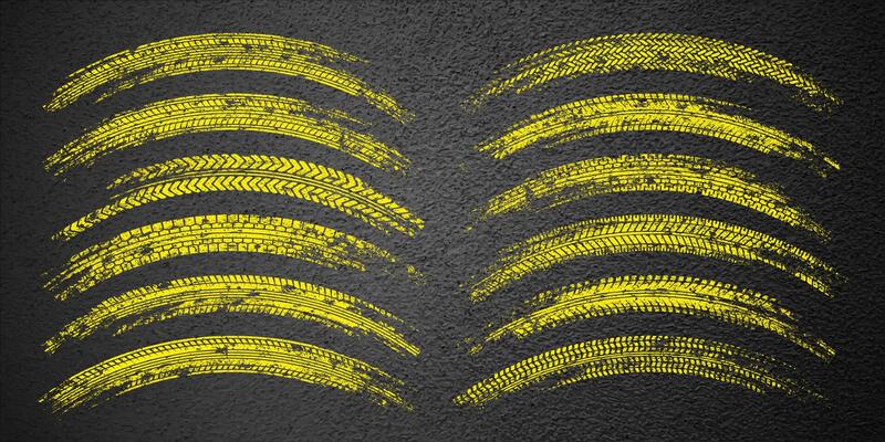 Yellow grunge tire tracks, wheel braking marks. Truck, car or motorcycle tread pattern silhouettes. Auto race, motorsport, speed racing design element. Asphalt texture. illustration