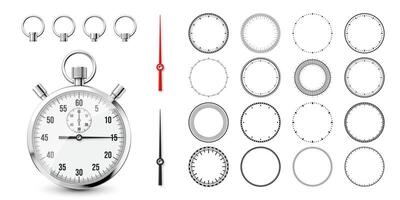 Classic stopwatch with clock faces. Shiny metal chronometer, time counter with dial. Countdown timer showing minutes and seconds. Time measurement for sport, start and finish. illustration vector