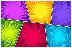 Colorful twisted comic book radial rays, lines. Comics background with motion, speed lines. Pop art style elements. illustration vector