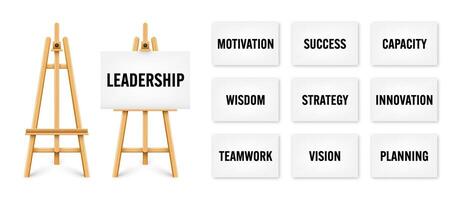 Realistic paint desk with text on white canvas. Wooden easel and a sheet of drawing paper. Presentation board on a tripod. Leadership and success, goals achievement. illustration vector