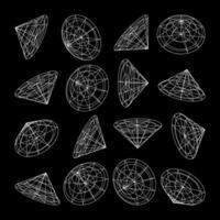 Wireframe lined shapes. Perspective mesh, 3d grid. Low poly geometric elements. Retro futuristic design elements, y2k, vaporwave and synthwave style. illustration vector