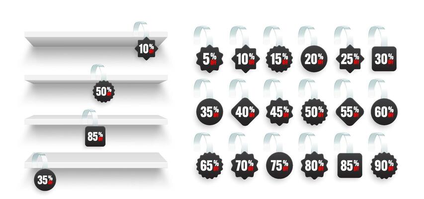 Store shelves with supermarket promotional wobblers. Product shelf and advertising wobbler with percent discount. Grocery wall rack. Sale label, special offer price tag. illustration