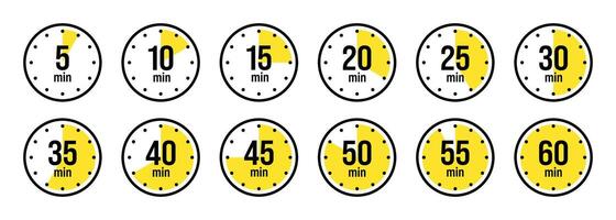 Stopwatch icons. Colorful simple chronometer, time counter with dial. Countdown timer showing hours and minutes. Deadline, measurement for sport. Cooking time label, sticker. illustration vector