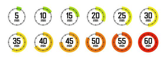 Simple stopwatch icons. Colorful chronometer, time counter with dial. Countdown timer showing hours and minutes. Deadline, measurement for sport. Cooking time label, sticker. illustration vector