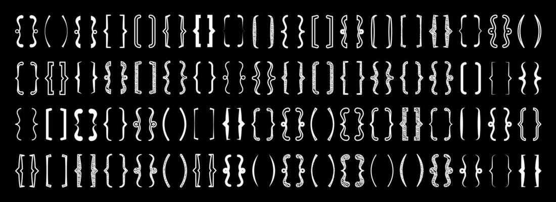 Shaded text brackets, black quotation box. Curly, square and corner parentheses. Vintage typographical symbol, calligraphic quote frame. Doodle, lettering element. illustration