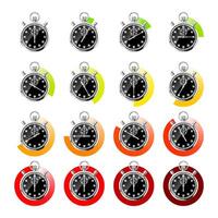 Realistic classic stopwatch. Shiny metal chronometer, black time counter with dial. Colorful countdown timer showing minutes, seconds. Time measurement for sport, start or finish. illustration vector