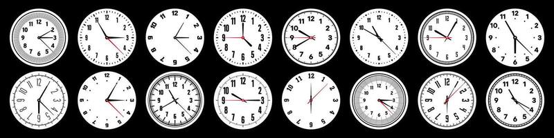 Mechanical clock faces with hands, bezel. Watch dial with minute, hour marks and numbers, arabic numerals. Timer or stopwatch element. Measuring circle scale with divisions. illustration vector