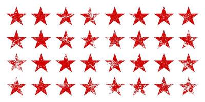 Red vintage stars with cracks and stains. Old hand-drawn sign, black simple shape. Retro design element with distressed effect, grunge texture. illustration vector