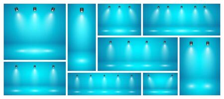 Empty blue studio abstract backgrounds with spotlights. Product showcase backdrop with spotlight effect. Stage lighting. illustration vector