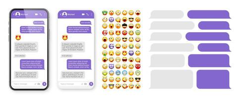 Smartphone messaging app, user interface design with emoji. SMS text frame. Chat screen with violet message bubbles. Texting app for communication. Social media application. illustration vector