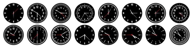 Mechanical clock faces with hands, bezel. Watch dial with minute, hour marks and numbers, arabic numerals. Timer or stopwatch element. Measuring circle scale with divisions. illustration vector