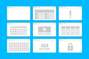 Web browser window, pages layout with toolbar and search field. Modern website, internet page in flat style. Browser mockup for computer, tablet and smartphone. Adaptive UI. illustration vector
