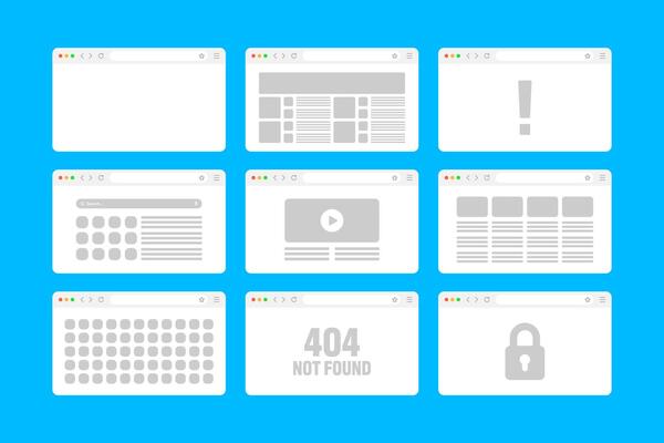 Web browser window, pages layout with toolbar and search field. Modern website, internet page in flat style. Browser mockup for computer, tablet and smartphone. Adaptive UI. illustration