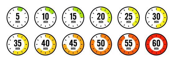 Stopwatch icons. Colorful simple chronometer, time counter with dial. Countdown timer showing hours and minutes. Deadline, measurement for sport. Cooking time label, sticker. illustration vector