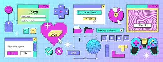 Old desktop pc screen elements in y2k style. Retro computer interface with login box, buttons, message frames, windows, folder with files, game controller, search bar, pixel heart icon. Geek stickers. vector