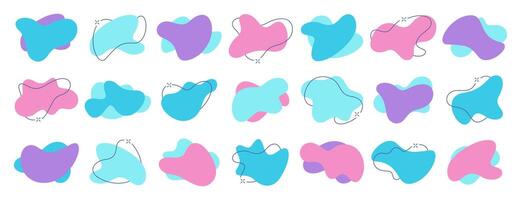 Set of liquid organic irregular blotch shapes, color uneven amoeba blobs with line. Random blotch elements, simple modern freeform. Asymmetric blots, deform abstract figures. Fluid amorphous splodges. vector