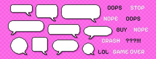 Set of pixel dialogue boxes different shapes on pink background. Chat speech bubbles, empty communication box or message frames with text. Pixelated dialog cloud icons collection in 8bit retro style vector