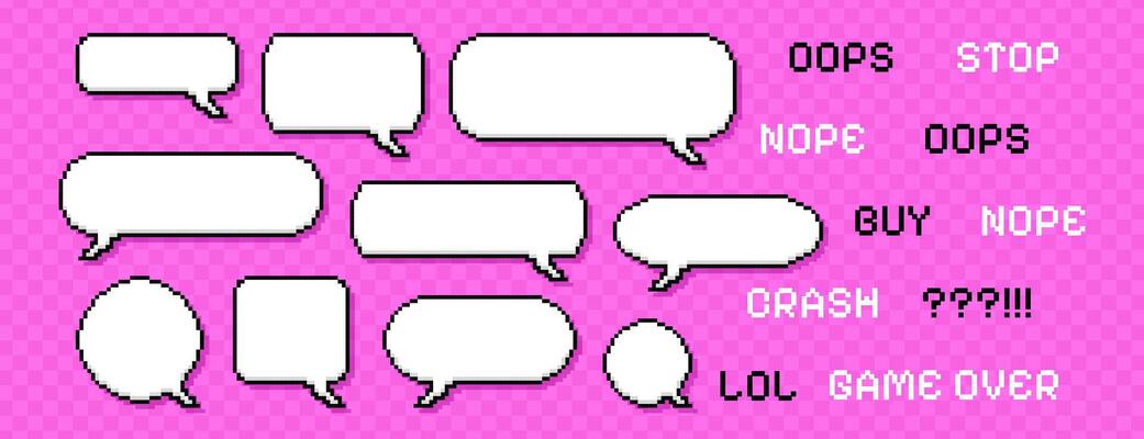 Set of pixel dialogue boxes different shapes on pink background. Chat speech bubbles, empty communication box or message frames with text. Pixelated dialog cloud icons collection in 8bit retro style