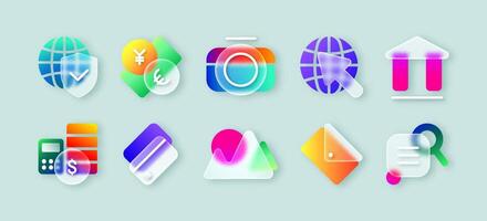 Realistic ui icons with blur neon gradient in glassmorphism style. Transparent frosted 3d glass morphism design button set of camera, envelope, credit card, currency exchange for website or mobile app vector