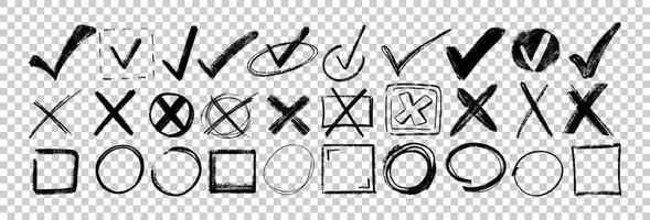 Hand drawn check mark set. Black charcoal pencil rough check boxes, checklist icons. Crayon checkmark elements. Sketch checkbox vote marks, correct or incorrect sign. Doodle tick and marker cross. vector