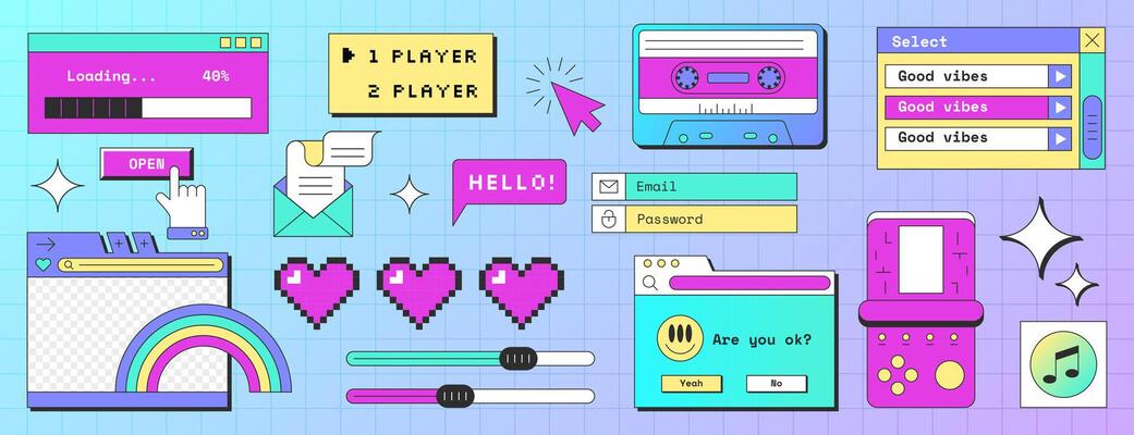Old aesthetic computer stickers in y2k style. set of retro vaporwave buttons, message frame, rainbow, cursor, pixel heart icons. Digital screen with email, loading bar, login box or pc elements