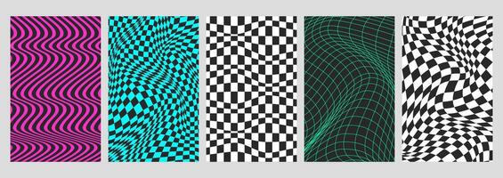 Psychedelic checkerboard backgrounds set with geometry wireframe grid tile, twisted neon lines. Deformed checkered seamless geometric pattern in groovy style. Chessboard posters with distortion effect vector