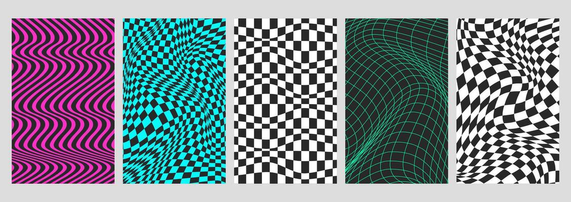 Psychedelic checkerboard backgrounds set with geometry wireframe grid tile, twisted neon lines. Deformed checkered seamless geometric pattern in groovy style. Chessboard posters with distortion effect