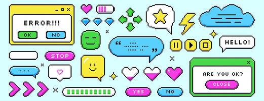 Set of pixel dialogue boxes different shapes. Color chat speech bubbles, buttons, message frames, battery charge level and error in 8bit retro style. Pixelated arrow, love hearts and game asset icons. vector