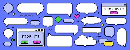 Set of pixel dialogue boxes different shapes on blue background. Chat speech bubbles, flash message frames with text or empty dialog communication box in 8bit retro style. Pixelated arrow, heart icons vector