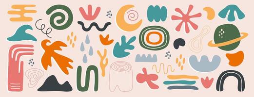 set of abstract geometric shapes, lines and nature forms. Collection of hand drawn trendy basic simple figures, organic matisse design elements. Freehand childish icons, freeform doodle objects vector