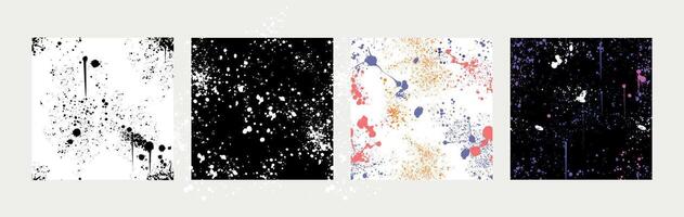 Set of banners with spray paint splashes. Posters of seamless blobs, drips, brush dots or drops. Graffiti inky splatters, inkblot spots with dusty speckle effect. Watercolor covers with splash smudges vector