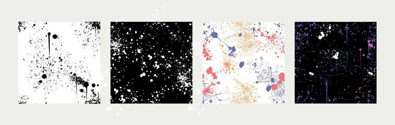 Set of banners with spray paint splashes. Posters of seamless blobs, drips, brush dots or drops. Graffiti inky splatters, inkblot spots with dusty speckle effect. Watercolor covers with splash smudges