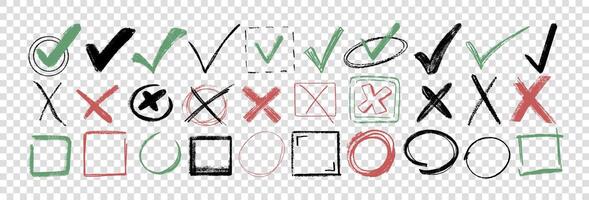 Check marks doodle set. Hand drawn chalk checklist, checkbox, green tick and red cross signs in sketch style. Charcoal pencil correct or incorrect symbols. Crayon checkmarks, yes and no elements. vector