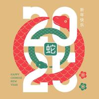 Chinese New Year 2025 banner template, year of the Snake. Silhouettes of two round Snakes intertwined with the number 2025, geometric ornament. Translation- Happy New Year, Snake. illustration vector