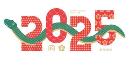 Happy Chinese new year greeting banner with snake intertwined with number 2025. Horizontal card with big figures decorated with traditional patterns. Translation - Happy new year, snake. eps10 vector