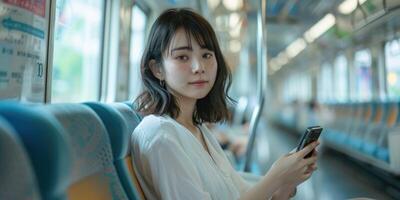 Stylishly dressed woman sitting in train holding smartphone in hand. photo