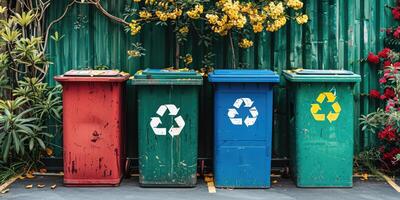 recycle bin container outdoors, sorting garbage, enjoying zero waste living. photo