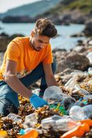 volunteers picking up plastic garbage outside. photo