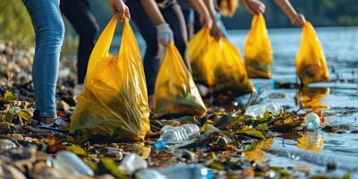volunteers picking plastic garbage outside. photo