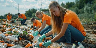 volunteers picking up plastic garbage outside. photo