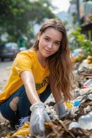 volunteers picking up plastic garbage outside. photo