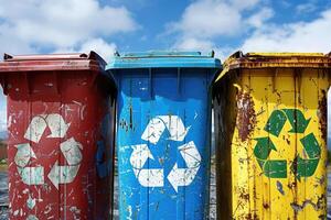 recycle bin container outdoors, sorting garbage, enjoying zero waste living. photo
