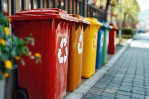 recycle bin container outdoors, sorting garbage, enjoying zero waste living. photo