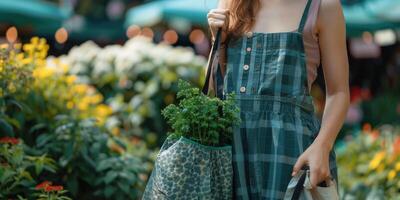 unrecognizable woman carrying reusable bag in hand. photo