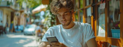 young man sitting in coffee shop using smartphone, summer. photo