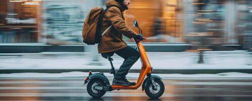 unrecognizable man riding electric scooter in the street. photo