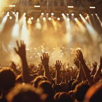 Caught up in the vibe. A huge group of fans screaming at a rock concert. photo