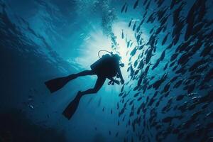 diver underwater, silhouette and sun light. photo